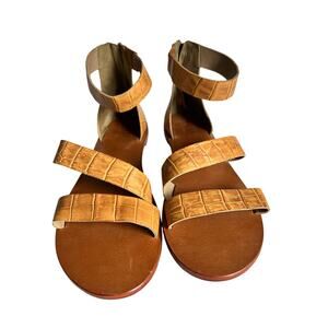 Able Sandals Brown Embossed Leather 9.5 Womens Strappy Zipper Closure